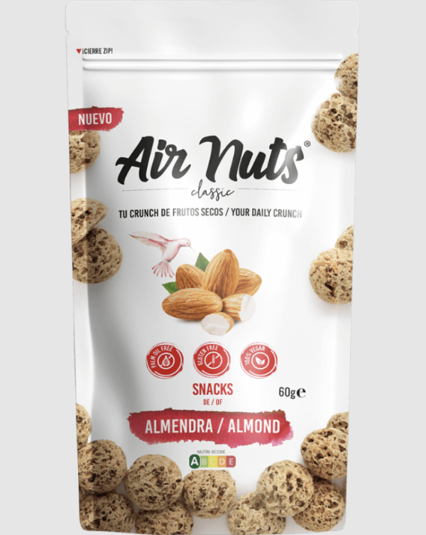 Air Nuts Migdolų riešutų užkandis be glitimo, aliejaus, pridėtinio cukraus ir riebalų, (veganiškas), 60g.