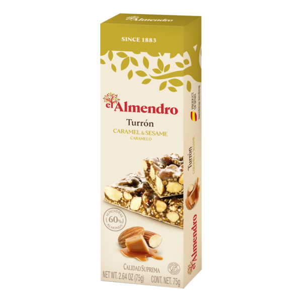 Migdolų ir karamelės turronas su sezamo sėklomis 75g.